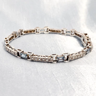 DBJ 925 Sterling Silver Blue Glass Bracelet 7.25" Textured Pavé-Style Links - Image 1 of 4