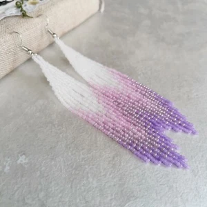 Long seed bead fringe earrings, Beadweaving woman ombre statement jewelry gift - Picture 1 of 6