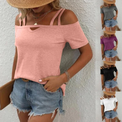 Women's T-Shirt Short Sleeve Tops Pullover Baggy Solid Color Casual Summer W - Image 1 of 4