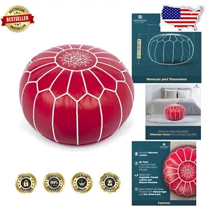 Elegant Red Leather Round Pouf Ottoman - Perfect for Modern Boho Living Spaces - Picture 1 of 11