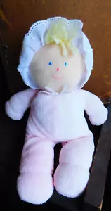 Muñeca bebé niña Eden felpa rosa tela de rizo pelo rubio ojos azules gorro vintage - Imagen 1 de 6