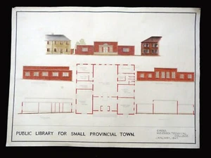 DIBUJO ARQUITECTÓNICO ORIGINAL 1947 diseño para biblioteca pública 76 x 56 cm - Imagen 1 de 7
