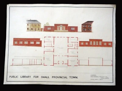 DIBUJO ARQUITECTÓNICO ORIGINAL 1947 diseño para biblioteca pública 76 x 56 cm Foto 1 de 4