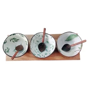 Serving Set -150ml each 3 Ceramic Bowl, 3 Spoons, 1 Wooden Base Natural Handmade - Picture 1 of 3