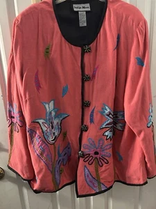 Indigo Moon Pink Embroidered  Art  Shoulder Pads Flora Jacket Blazer 1X Boho - Picture 1 of 10