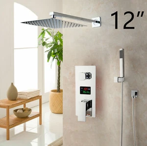 Chrome Bath 12 " Shower Faucet Tub Spout Digital Valve Mixer Tap Hand Shower Set - Picture 1 of 8