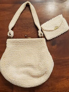 Vintage Corde Bead Lumured Purse Beaded Handbag & Coin with Mirror Jeweled Clasp - Picture 1 of 11