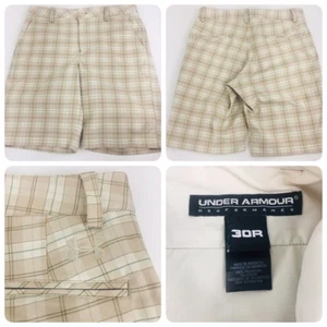 Pantalones cortos de golf Under Armour para hombre talla 30R x 9,5 frente plano beige marrón tartán a cuadros  - Imagen 1 de 7