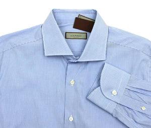 $395 Canali Dress Shirt Men's 16.5 42 Light Blue Micro check Cotton Slim Fit - Picture 1 of 5