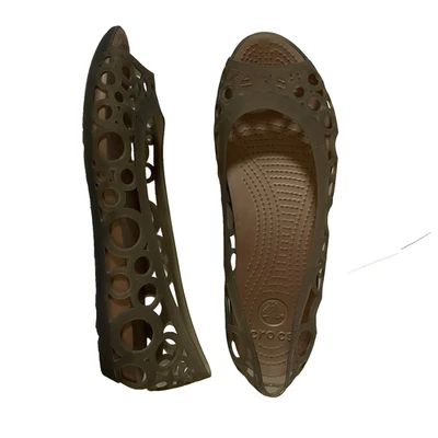 CROCS Adrina Women SZ 10 Laser Cut Bronze Peep Toe Slip On Jelly Ballet Flats - Image 1 of 4