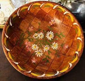 Vintage 70’s Daisies Hand Painted Wooden Serving Bowl Floral Boho Cottage MCM - Picture 1 of 9