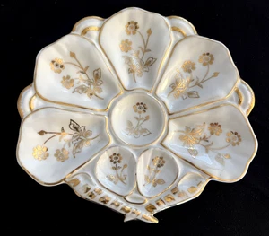 Antique 19th Century French Porcelain Fan Shaped Gold Floral Oyster Plate - Picture 1 of 6