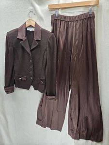 Vintage St. John Evening braun Wolle Strick Blazer & 100% Seide weites Bein Hose Set - Bild 1 von 16