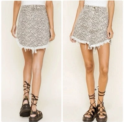We The Free People Bailey Leopard Print Raw Frayed Hem Denim Mini Skirt Sz 26 - Image 1 of 4