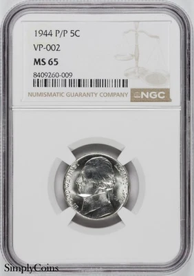 1944-P/P Jefferson Nickel NGC MS65 RPM VP-002 SILVER WAR 1 of 2 in 65! 5 total! - Image 1 of 4