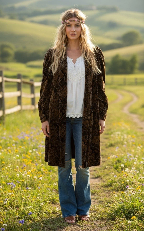 Винтажный портрет коричневый цветочный бархат Midi длины пальто L XL прихотливый хиппи Lux - Изображение 1 из 4