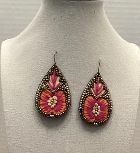Anthropologie Flower drop earrings 2” BOHO Summer Yarn Beads Felt - Picture 1 of 3