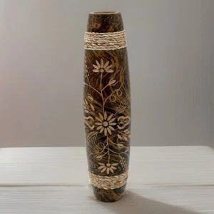 Mango Wood Vase Hand Carved Floral Pattern Jute Inset Jamaica 12” Rustic Boho - Picture 1 of 19