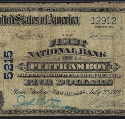 🇺🇸 NJ 1902 $5 ♚♚PERTH AMBOY, NEW JERSEY♚♚ PMG F12  - Image 1 of 3