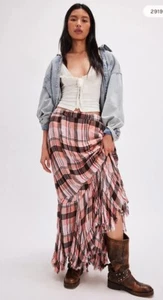 Free People Bordeaux Plaid Maxi Skirt Ruffle Hem Elastic Waist Pink Combo XS NWT - Picture 1 of 5
