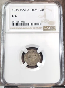 1835 ESSEQUIBO & DEMERARY SILVER 1/4 GUILDER WILLIAM IIII NGC G 6 EXTREMELY RARE - Picture 1 of 3