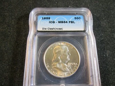 1959 FRANKLIN HALF DOLLAR  DIE CLASH NOSE "BUGS BUNNY"  ICG MS64 FBL   1801 - Image 1 of 4