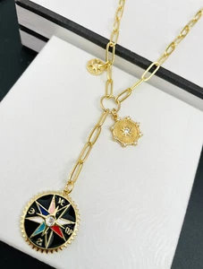 Collar Colgante de Cadena de Papelclip Oro Circonio Circonio Brújula Esmalte Estrella Moneda Dije Lariat - Imagen 1 de 4