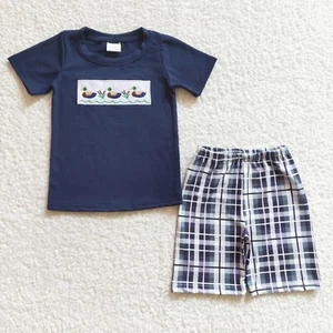 Summer Boutique Baby Boys Outfit Embroidery Mallard Top Gingham Shorts Set - Picture 1 of 27