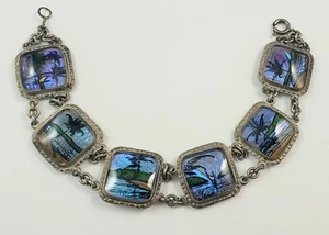 Vintage MADE IN BRAZIL Butterfly Wings Palm Trees Scene 6 Panel Bracelet - Picture 1 of 8