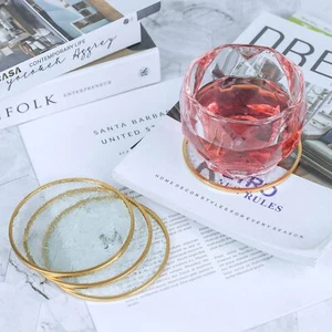 Glass Gold Coasters Set Of 4 Round Cup Coaster Set With Carved Glass Stylish For - Picture 1 of 6