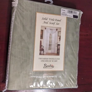 NEW 3 Pcs Drapery Beatrice Home Fashions Green 2 Panels 1 Scarf Set Solid Voile - Picture 1 of 6