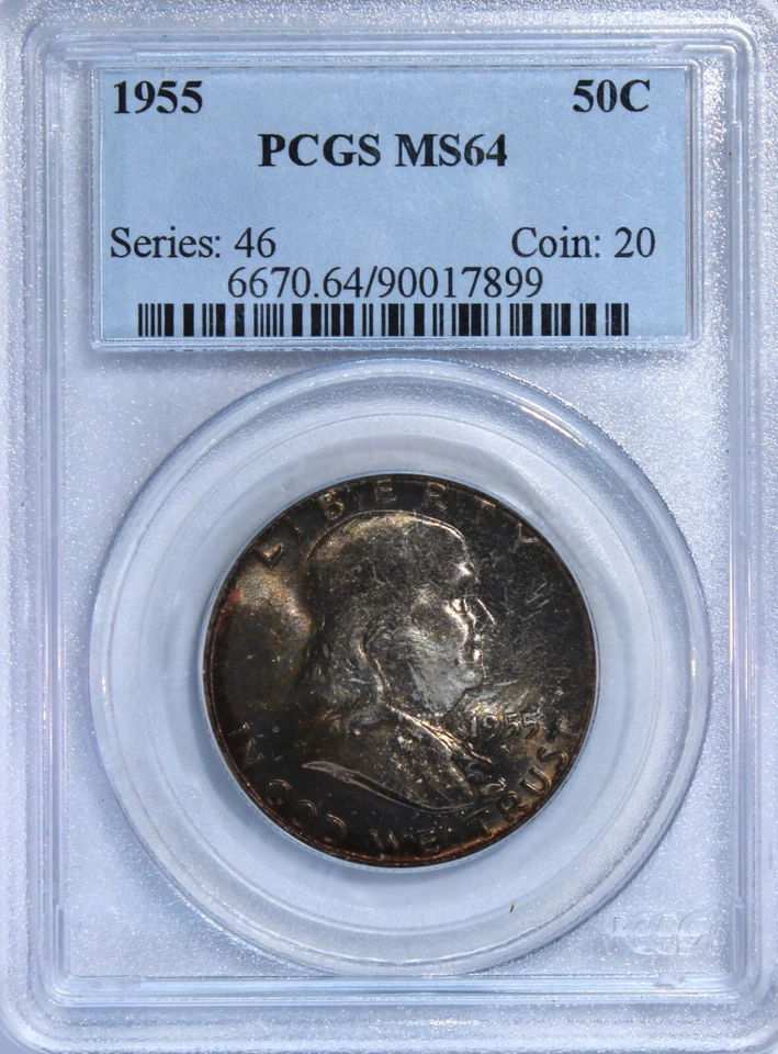 1955 Toned Franklin Half $ PCGS MS64 FBL💎💎Very Rare Dual Sided Toning💎💎 - Image 1 of 4