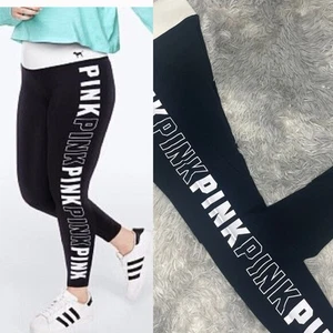 Victoria’s Secret Pink Logo Stripe Black Leggings Ankle Length 28” inseam  - Picture 1 of 5
