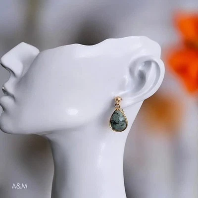 Teardrop African Turquoise Earrings – Dainty Grey Gemstone Studs  Handmade Jewel - Image 1 of 2