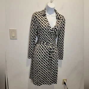 DVF Size 10 Jeanne Silk Wrap Jersey Dress In Black/white - Picture 1 of 7