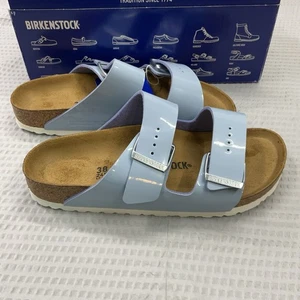 Birkenstock New w/ Box Arizona Patent Dove Blue Birko Flor Patent EU 38 US 7/7.5 - Picture 1 of 6