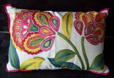 Pier 1 Imports Embroidered Floral Throw Pillow~Bright Plaid Back~12"x20" - Image 1 of 4