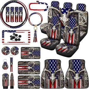 26 Pcs American Flag Wood Deer Car Accessories USA Camo Seat Covers Set Steering - Picture 1 of 12