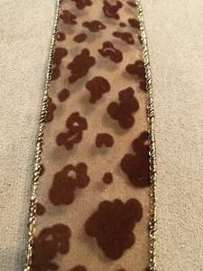 Manchas con estampado de leopardo de terciopelo marrón transparente borde con cable dorado cinta de 1,5"" 4 yardas + 21"" + - Imagen 1 de 7