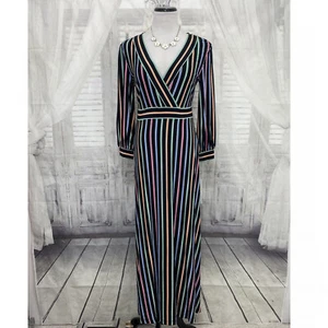 Calvin Klein Size 4 Dress Black Orange Green Stripe V Neck Maxi Pull On NEW B34 - Picture 1 of 12