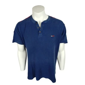 Vintage Tommy Jeans Mens Large Waffle Knit Henley T-shirt Tee Red Stripe - Picture 1 of 13