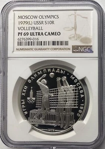 1979-L USSR Russia 10 Roubles Silver Moscow Olympics Volleyball NGC PF69 UC - Picture 1 of 4