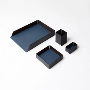 Schreibtisch Set Metall Schwarz und Echtes Leder Blau - Büro Zubehör - Bild 1 von 4