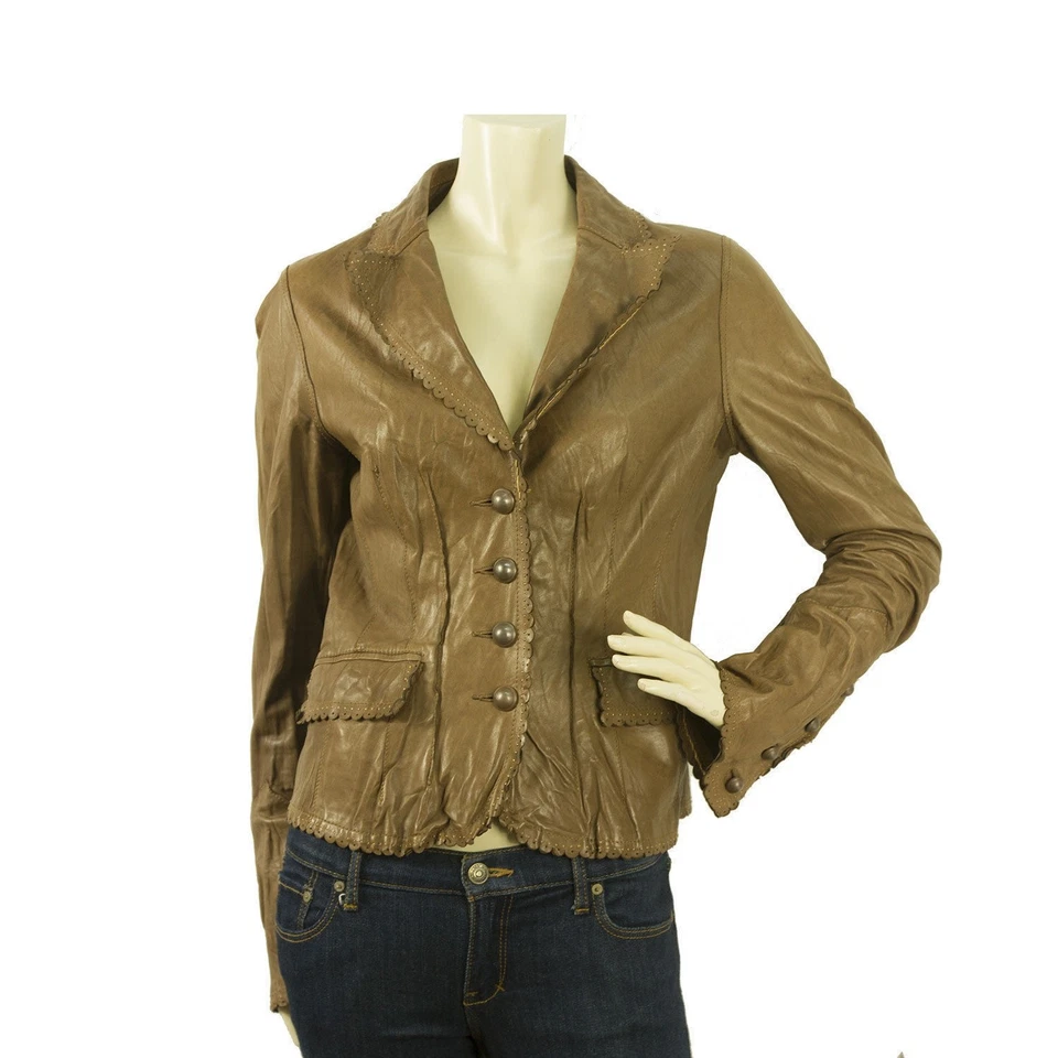 Chaqueta .It Marrón Ocre Cuero Real Festoneado Bronce Botones Talla 44 Foto 1 de 1