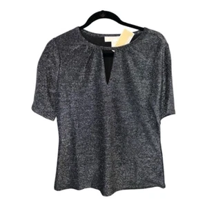 Michael Kors black & silver glitter short sleeve keyhole top size Medium - Picture 1 of 2
