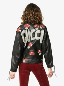 BRAND NEW & UNIQUE Gucci Leather Biker Jacket With Hand Painted Mushroom Print - Picture 1 of 11