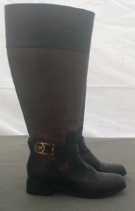 Michael Kors 6M MK Bryce Tall Moto Riding Boots Black Brown Leather Gold Logo - Picture 1 of 11