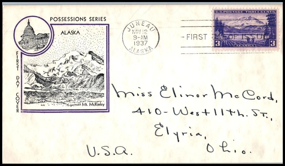 1937 Alaska Territory Sc 800-4 single FDC Fidelity cachet Mt McKinley (FC - Image 1 of 1