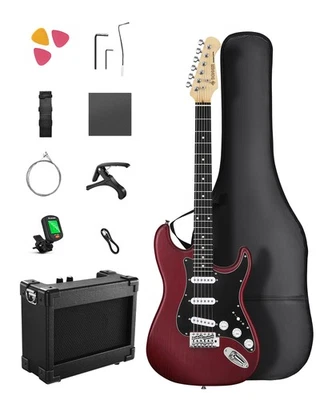 🎸Donner DST-80 E-Gitarre SSS-Tonabnehmer Holzmaserung-Design mit Verstärker Rot - Bild 1 von 4