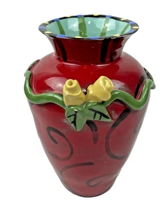 Red Glazed Ceramic Vase Yellow Tulip Green Black Details Marked "c e" VTG - Picture 1 of 8